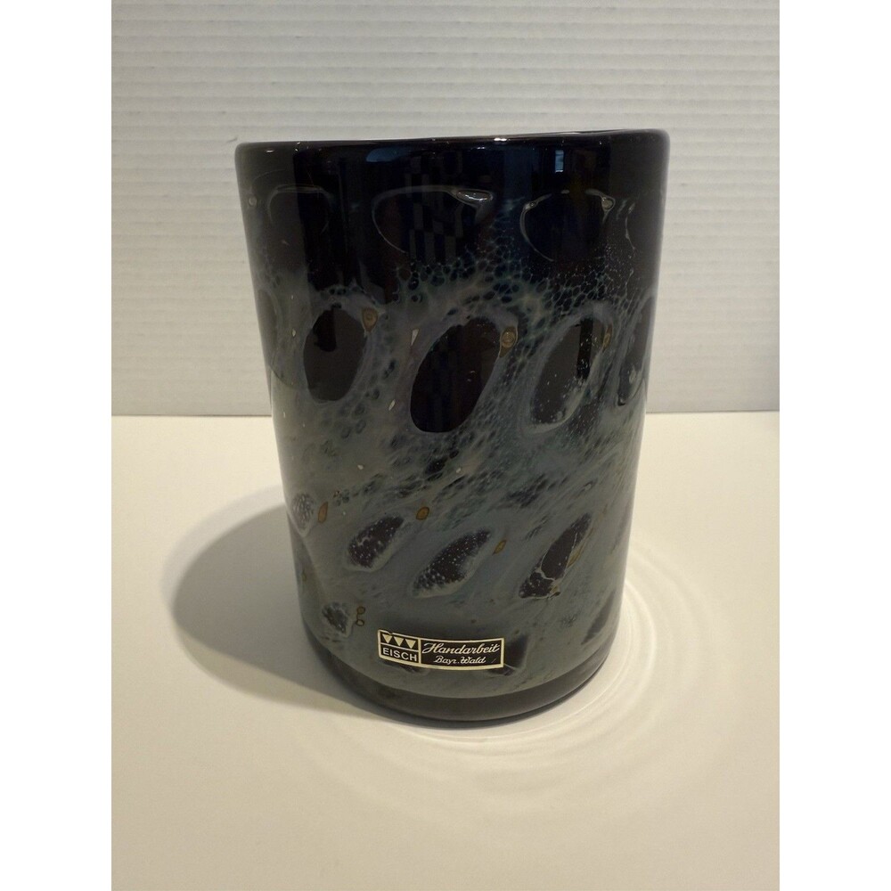 Eisch Bayr  Wald Handarbeit Glass Vase Original Sticker Black Grey Gold Bavaria